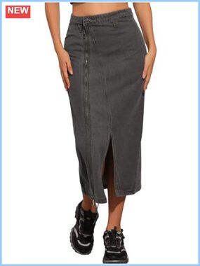 Long Denim Skirt Zipper Front Split Hem Jean Skirt